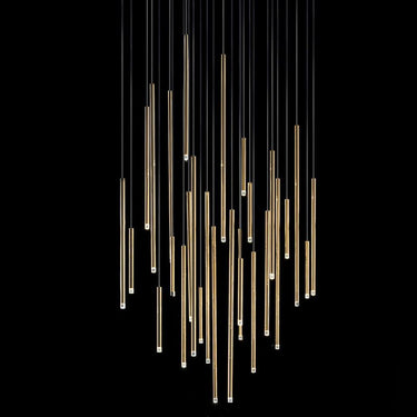 Side angle of the 24-light pendant with round rose gold canopy, highlighting glass-tipped tubes and adjustable cables.